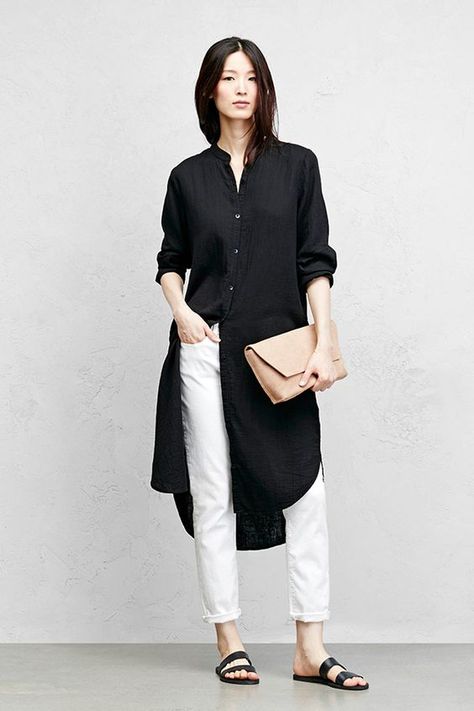 Eileen Fisher Style, Minimalist Moda, Dress Over Pants, Black And White Outfit, Home Wear Women, Collared Shirt Dress, Neue Outfits, Home Wear, Mode Style