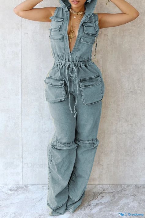 OrcaJump - Classic Sleeveless High-Waisted Denim Jumpsuit with Drawstring Waistband and Pocket Details Chic Jumpsuit Outfit, String Pocket, High Waist Jumpsuit, Denim Jumpsuits, Jumpsuit Outfits, Jumpsuit Fitted, Jumpsuit Chic, Jumpsuit Elegant, Sleeveless Jumpsuits