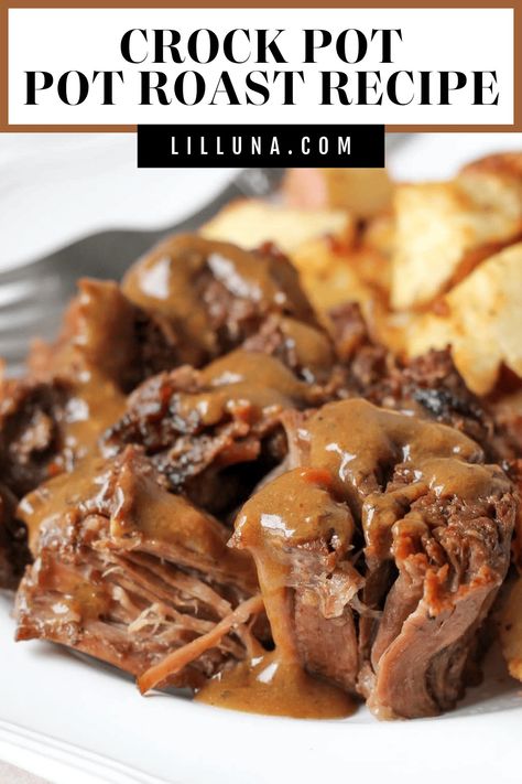 This pot roast recipe is tender and flavorful. It takes only 3 minutes of prep time and then the slow cooker does the rest! #potroast #easydinners #crockpot #slowcooker #beef Crock Pot Pot Roast, Pot Roast Gravy, Beef Roast Crock Pot, Crockpot Pot Roast, Roast Gravy, Crockpot Roast Recipes, Pot Roast Crock Pot Recipes, Pot Roast Recipe, Cooking A Roast