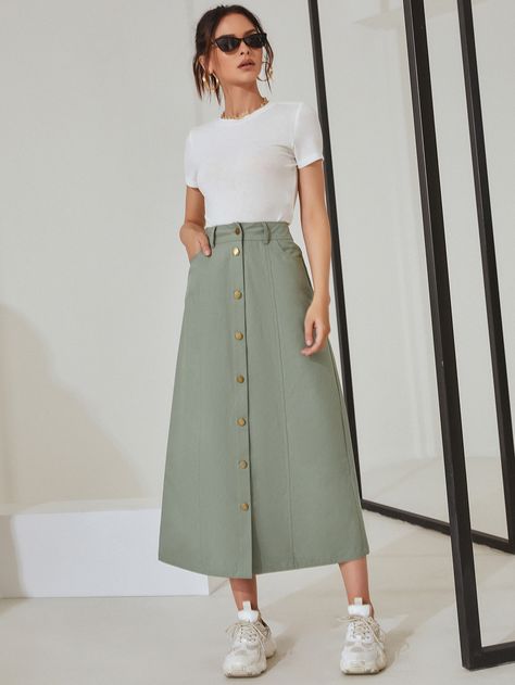 Mint Green Casual   Cotton Plain A Line Embellished Non-Stretch Spring/Summer/Fall Women Bottoms Green Skirt Outfits, A Line Skirt Outfits, Mint Green Skirts, Rok Midi, Modest Casual Outfits, Hijau Mint, Button Front Skirt, Fashion Top Outfits, Mode Abaya