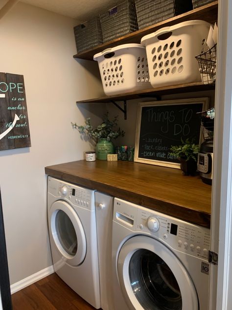 Open Shelving Above Washer And Dryer, Paneled Laundry Room, Hanging Laundry Baskets On Wall, Small Laundry Area, Home Office Area, Garage Laundry Rooms, Small Utility Room, Laundy Room, Laundry Room Update