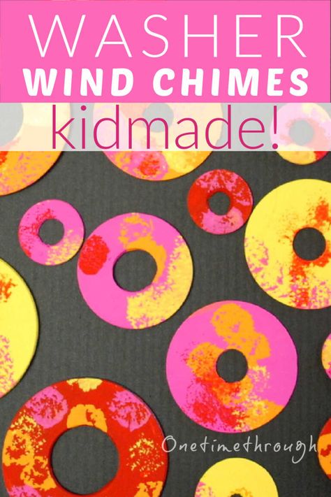 Craft Wind Chimes, Metal Washer Wind Chimes, Diy Windchime Kids, Kids Wind Chime Craft, Wind Chimes Craft Easy, Windchime Craft For Kids, Windchimes Diy Kids, Wind Crafts For Kids, Wind Chimes Craft For Kids