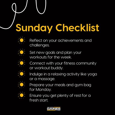 ✨ Sunday is the perfect day to reset and recharge! Here’s your Sunday Checklist to help you prepare for an amazing week ahead. 1️⃣ Reflect on your achievements and challenges. 2️⃣ Set new goals and plan your workouts. 3️⃣ Connect with your fitness community. 4️⃣ Indulge in self-care. 5️⃣ Prepare for Monday. 6️⃣ Get plenty of rest for a fresh start. Let’s make this week our best one yet! 💪🏾 Share your Sunday routine with us and tag @wellnessgainesrenton . Don’t forget to visit our website f... Sunday Checklist, Sunday Routine, Buddy Workouts, New Goals, Fitness Community, Relaxing Activities, The Perfect Day, A Fresh Start, Fresh Start