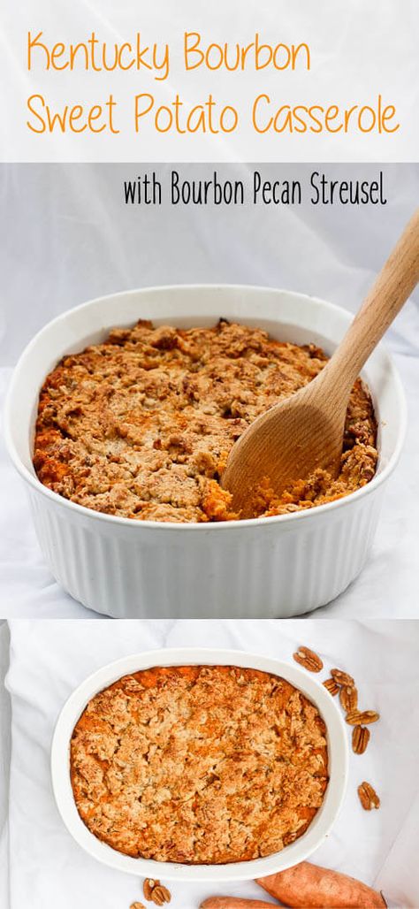 This Kentucky Bourbon Sweet Potato Casserole is made with sweet potatoes mashed with bourbon, maple syrup, and butter, and topped with a bourbon pecan crumble. #Bourbon #SweetPotatoCasserole #FallDinner via @champagneta0249 Bourbon Sweet Potatoes, Bourbon Maple Syrup, Potatoes Mashed, Pecan Crumble, Potatoe Recipes, Potatoe Casserole Recipes, Kentucky Bourbon, Delicious Thanksgiving, Crunchy Pecans