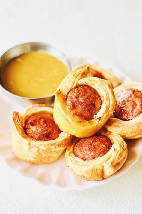 Sausage Rolls with Puff Pastry Sausage Wrapped In Puff Pastry, Kielbasa Puff Pastry, Sausage Rolls Puff Pastry, Recipe For Sausage, Sausage Puffs, Honey Mustard Dip, Sausage Appetizers, Sausage Wrap, Sausage Rolls Recipe