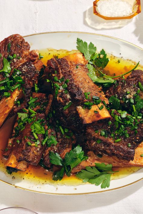 Garlic Braised Short Ribs With Red Wine Recipe - NYT Cooking Braised Short Ribs Recipe, Apple Cider Vinegar Chicken, Alison Roman, Pan Cooking, Baked Custard, Short Ribs Recipe, Ribs Recipe, Braised Short Ribs, Flaky Salt