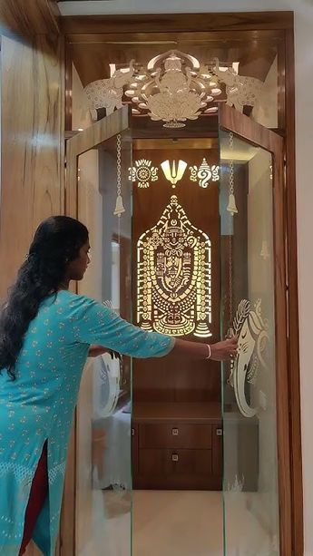 God Mandir Designs, Venkateswara Swamy Pooja Room, Pooja Room With Window Behind, God Room Glass Door Designs, Puja Doors Modern, Pooja Room South Indian Style, God Room Interior Design, Pooja Room With Glass Walls, Pooja Mandir Cnc Design