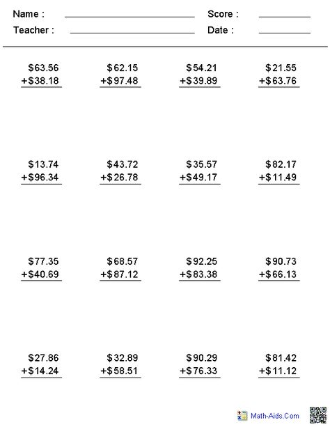 Addition Worksheets | Dynamically Created Addition Worksheets Adding Money, Money Math Worksheets, Learning Money, Kindergarten Math Worksheets Addition, Decimals Worksheets, Mathematics Activities, Math Practice Worksheets, Money Worksheets, Money Math