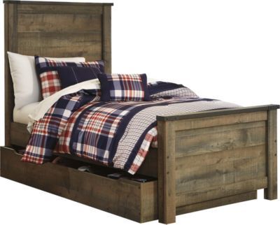 Add a rustic touch to any kids' bedroom with this twin-sized bed. It features handsome planked details, dark bronze nailhead accents and a spacious under-bed unit that accommodates either a wealth of storage or an additional twin-sized mattress. The replicated oak grain finish lends a reclaimed barnwood feel, adding bucolic charm to any setting. Bed With Underbed, Full Bed With Storage, Twin Storage Bed, Love Country, Bookcase Bed, Bookcase Headboard, Brown Bedroom, Bed With Storage, Bedroom Panel