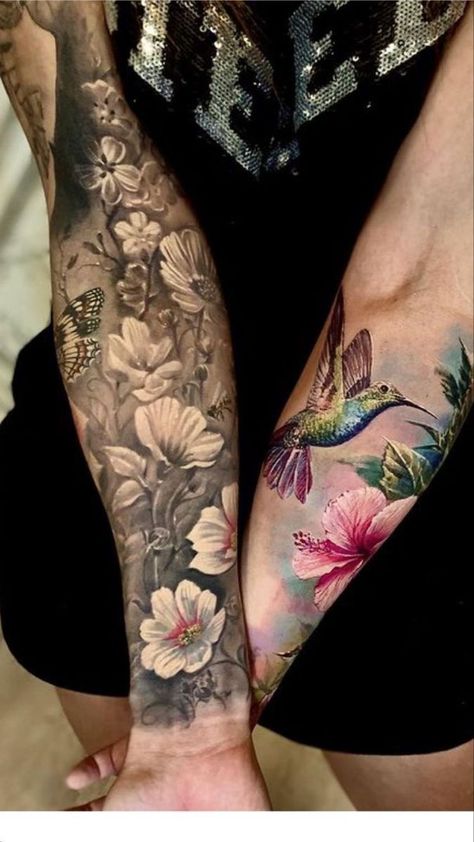 Half Sleeve With Hummingbird, Outdoorsy Womens Tattoo, Beautiful Half Sleeve Tattoos For Women, Floral Realism Tattoo Half Sleeves, Realistic Floral Sleeve Tattoo, Bird Sleeve Tattoo Women, Tropical Sleeve Tattoo For Women, Underarm Tattoo Women, Best Sleeve Tattoos For Women Beautiful