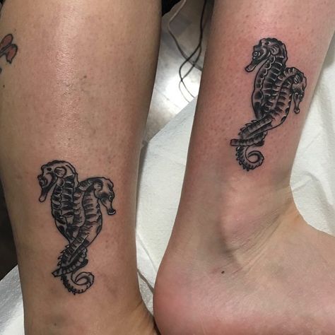 sea horse couple tattoo © David Schemmick From Germany Sea Horses Tattoo, Seahorse Couple Tattoo, Matching Seahorse Tattoos, Matching Ocean Tattoos Couples, Creative Couple Tattoos, Sea Horse Tattoo, Seahorse Tattoos, Matching Tattoo Designs, Horse Couple