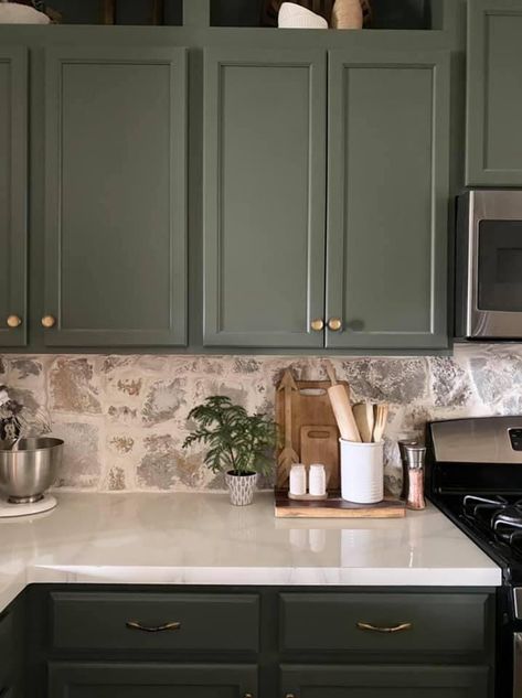 Stone Backsplash Kitchen, Green Backsplash, Faux Brick Panels, Brick Paneling, Green Kitchen Cabinets, Brick Backsplash, Stone Backsplash, Stone Kitchen, Green Cabinets