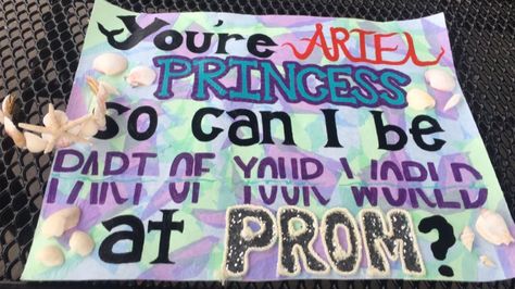 Promposal for a Little Mermaid lover! An under the sea poster and shell crown for the princess! Hoco Proposals Ideas Disney Princess, Under The Sea Promposal, Disney Princess Promposal, Sea Hoco Poster, Proposal Ideas Disney, Hoco Asks, Under The Sea Poster, Sadie Hawkins Proposals, Cute Hoco Proposals