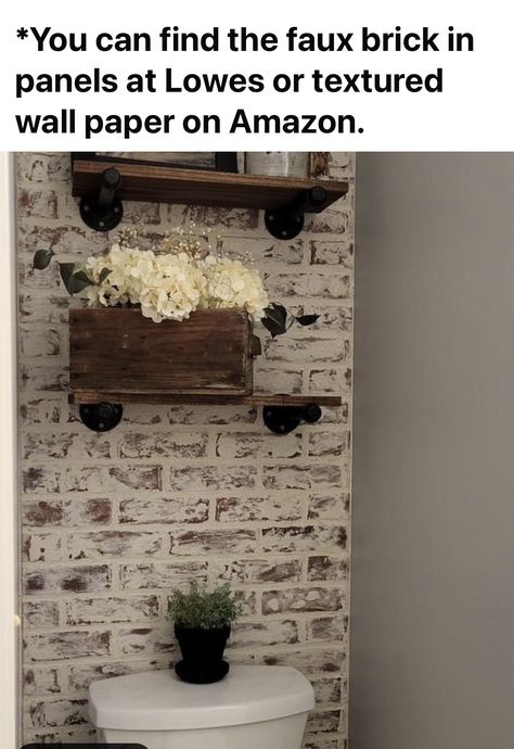 Brick Tile Wall Bathroom, Brick Vanity Wall, Brick Wall Bathroom Small Spaces, Toliet Room Accent Wall, Brick Paneling In Bathroom, Half Bathroom Makeover Farmhouse, Brick Half Bath, Accent Wall For Half Bath, Faux Brick In Bathroom