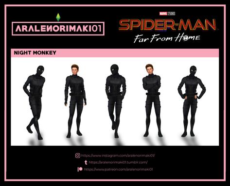 Night Monkey (Spider-Man: Far From Home) Ts4 Spiderman Cc, Spider Man Sims 4 Cc, Sims 4 Cc Miles Morales, Sims 4 Spiderman Suit, Superhero Costumes For Men, Spider Man Stealth Suit, Stealth Suit, Spiderman Suits, Superhero Suits