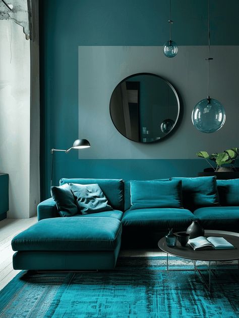 Teal Couch Living Room, Dark Teal Living Room, Teal Living Room Ideas, Teal Lounge, Blue Accents Living Room, Teal Living Room, Room Ideas Inspiration, Living Room Inspiration Cozy, Teal Living Room Decor