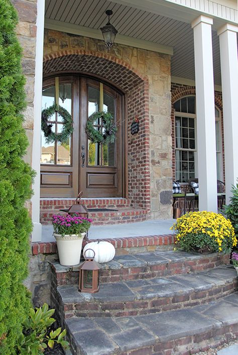 Driveway Porch Ideas, Brick And Stone Front Steps, Steps For Front Porch, Steps To Front Porch, Stone Porch Ideas, Front Porch Stone Steps, Stone Front House, Lakehouse Exterior, Cottage Landscaping