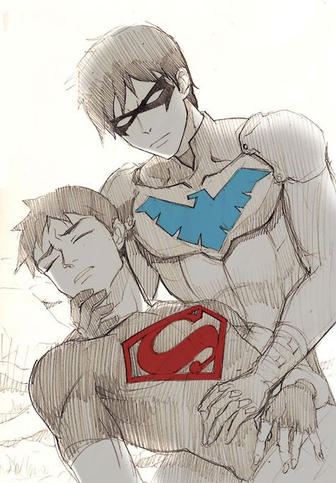 Superboy And Nightwing, Nightwing And Superboy, Nightwing X Superboy, Nightwing Art Drawings, Nightwing Fanart Cute, Nightwing Anime Art, Nightwing Hot Art, Young Justice Superboy, Young Justice Comic