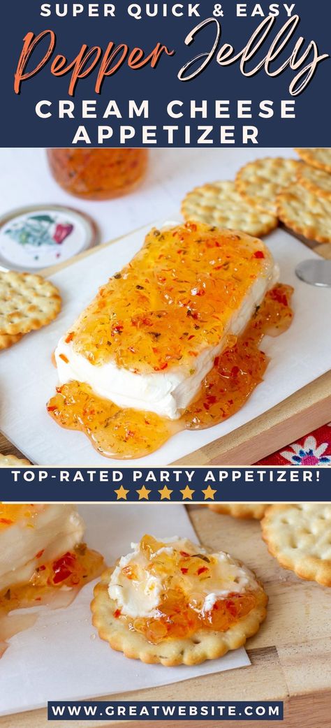 This Cream Cheese Pepper Jelly Appetizer is a Southern classic! It takes only minutes to make, and it's always a hit at parties. The simple combo of cream cheese and sweet and spicy pepper jelly spread on a crispy cracker just works! Spicy, sweet, creamy, crunchy -- it covers all the bases. Includes a recipe for homemade hot pepper jelly Jelly Cream Cheese Appetizer, Pepper Jelly Appetizer, Cream Cheese Pepper Jelly, Cream Cheese And Pepper Jelly, Homemade Pepper Jelly, Pepper Jelly Cream Cheese, Rv Snacks, Pepper Jelly Dip, Cream Cheese Appetizer