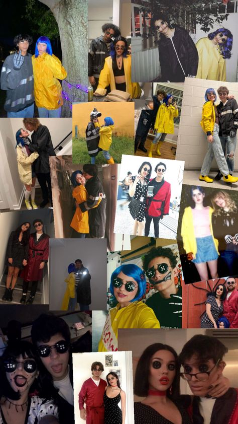 A collage of various couples dressed in Coraline-inspired costumes, featuring bright blue wigs, yellow raincoats, button eyes, and other unique interpretations. Perfect for couples seeking Halloween costume inspiration Coraline Couple Costume, Coraline Button Eyes, Coraline Halloween Costume, Couple Costume Ideas, Coraline Costume, Costume Ideas For Halloween, Halloween Costume Ideas For Couples, The Perfect Couple, Costume Ideas For Couples