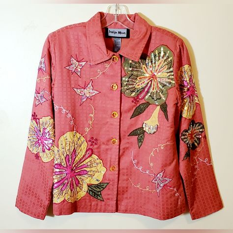 Nwt Vintage Indigo Moon Embroidered Floral Sequined Button Down Jacket Size Xs Jacket Is New With Tag/Never Worn Ptp- 18" Length- 24" Welcome To My Twisted Chop Shop All Orders Will Ship Out The Same Day As Long As Placed By 2pm Est Bundling Your Order Is A Great Way To Shop Sustainable. All Sales Are Final. Returns Are Only Accepted If Wrong Item Is Received. Please Feel Free To Reach Out If You Have Any Questions. Stay Twisted And Happy Poshing! Embellished Jackets For Women, Fun Suits, Embroidered Outfits, Sashiko Jacket, Clothes Hacks, Cycling Clothes, Applique Ideas, Altered Clothing, Teacher Clothes