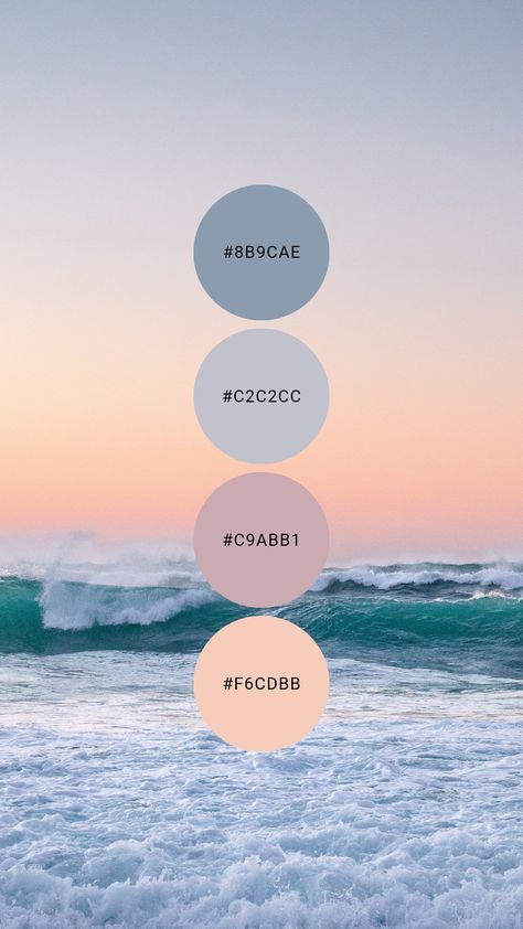 Coastal blue and purple make you feel like your right on the water. Try it in the bathroom, laundry room, primary / master bedroom, or guest room. #colourpalette #colorpalette #colour #color #palette #cool #ocean #blue #mauve #peach Purple Coastal Bedroom, Color Palette Cool, Ocean Color Palette, Beach Color Palettes, Coastal Color Palette, Blue Cafe, Purple Beach, Purple Color Palettes, Hex Color Palette