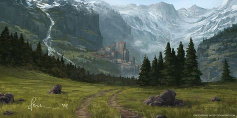 Mountain Road by https://www.deviantart.com/onlychasing-safety on @DeviantArt Arte Viking, Landscape Concept, Fantasy Forest, Fantasy City, Fantasy Castle, Dnd Art, Fantasy Setting, Mountain Road, Fantasy Places