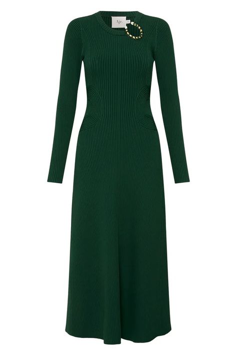 Crescent Knit Midi Dress How To Style A Maxi Dress, Ribbed Flares, Feather Dress, Green Midi Dress, Metal Bar, Kaftan Dress, Knit Midi, Style Maxi Dress, Knit Midi Dress