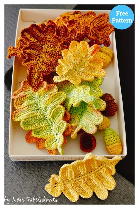 Oak Leaf Free Crochet Pattern Crochet Oak Leaf, Thanksgiving Crochet Patterns Free, Thanksgiving Crochet Patterns, Oak Leaf Pattern, Leaf Crochet, Thanksgiving Crochet, Crochet Leaf, Crochet Garland, Cozy Crochet Patterns