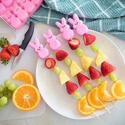 Sweeten up your day with these adorably tasty Peeps fruit kabobs.  They are the perfect snack, treat or appetizer for your Easter celebrations. Kabob Sticks, Best Breakfast Casserole, Fruit Kabobs, Snack Treat, Fresh Market, Plant Based Eating, Delicious Fruit, Easter Celebration, Easter Recipes