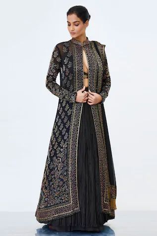 Tassel Dupatta, Cutdana Work, Jacket And Skirt Set, Chiffon Jacket, Pink Lehenga, Open Jacket, Embellished Jacket, Plunging Neck, Black Chiffon