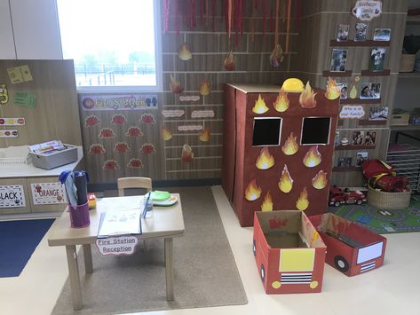 Fire station role-play EYFS #eyfs #eyfsideas #roleplay #firestation #fire Fire Station Role Play, Eyfs Role Play, Transport Eyfs, Role Play Areas Eyfs, Nursery Display Boards, Childminding Ideas, Firefighter Crafts, Reception Classroom, Dramatic Play Printables