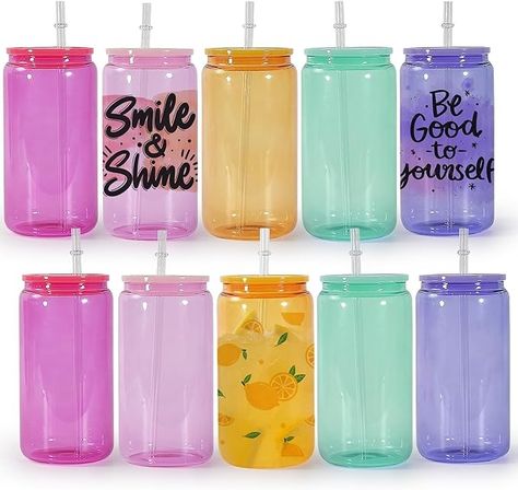 Amazon.com: FECBK 10 Pack Sublimation Glass Cups with Acrylic Lids and Straws 16 oz Sublimation Colored Glass Tumblers Borosilicate Beer Glass Can Shaped Tumbler Blanks for Drinking, Juice, Soda, Iced Coffee : Home & Kitchen Iced Coffee Home, Cups With Lids And Straws, Beer Glass Can, Glass Tumblers, Heat Press Machine, Glass Cups, Bar Glassware, Reusable Straw, Beer Glass