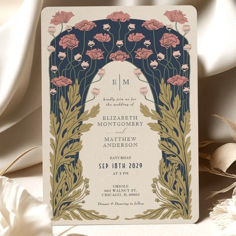 Dark Blue Pink Wedding Vintage Art Nouveau Floral Invitation Dark Nouveau, Blue Pink Wedding, Art Nouveau Weddings, Flower Illustrations, Art Nouveau Floral, Nouveau Art, Wedding Vintage, Engagement Ideas, Wedding Table Settings