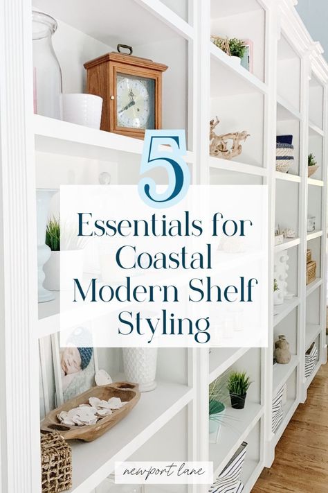 Elevate your coastal interior with these stunning coastal shelf decor ideas. Whether you're styling a bookshelf in your living room or adding home decor accents to open shelving, these tips will help you create a beautifully balanced and beach-inspired look in any space. Modern Shelf Styling, Coastal Shelf Decor, Modern Coastal Interior Design, Shelf Decor Ideas, Farmhouse Bookshelf, Coastal Coffee Table, Styling Essentials, Wall Unit Decor, Modern Coastal Decor