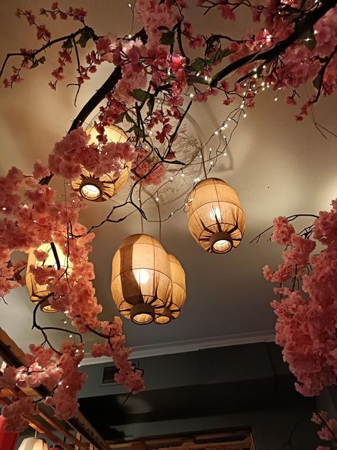 Cherry Blossom Room Decor Aesthetic, Japanese Theme Room Ideas, Light Up Cherry Blossom Tree, Cherry Blossom Event Decor, Hanging Cherry Blossoms, Hanging Cherry Blossom Decor, Sakura Bedroom Aesthetic, Cherry Blossom Tree Room Decor, Sakura Room Aesthetic