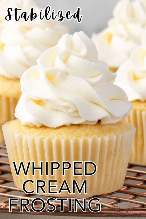 This Stabilized Whipped Cream Frosting recipe will give you thick, fluffy frosting that will hold its shape flawlessly and won't melt in the heat! Ideal for decorating cakes and cupcakes, this homemade alternative surpasses store-bought whipped topping with its unparalleled flavor and texture. Best Stabilized Whipped Cream Frosting, Cupcake Whipped Frosting, Copycat Sams Club Whipped Frosting, Stable Whipped Frosting, Cupcake Frosting Recipe Whipped, Fluffy Whipped Frosting, Whipping Cream Frosting Recipe, Whipped Icing For Cake, Whipped Cupcake Frosting