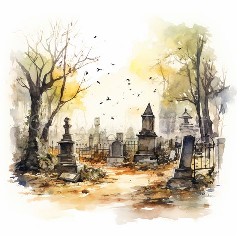 Cemetery Illustration, Halloween Watercolor Art, Abandoned Cemetery, Scrapbook Images, Old Cemeteries, Cemetery Art, Printable Images, Halloween Printable, Colored Background