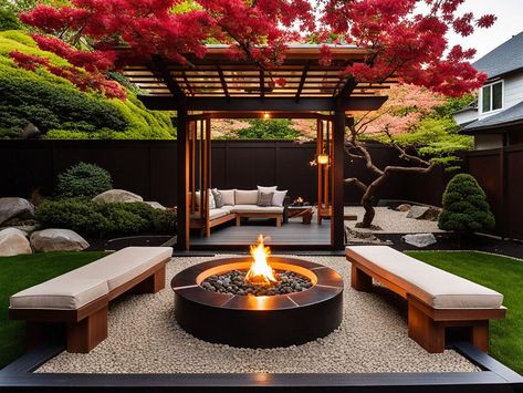 Find Peace at Home: Zen Garden Ideas Illustrated by AI Zen Landscape Design, Home Zen Garden, Japanese Pergola, Japanese Fire, Modern Japanese Homes, Zen Garden Ideas, Zen Landscape, Modern Japanese Garden, Contemporary Garden Rooms