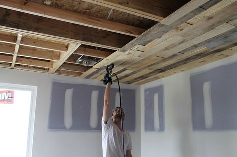 Pallet Ceiling Installation « urban home INDY Pallet Ceiling, Basement Apartment, Basement House, Basement Makeover, Basement Ceiling, Ceiling Ideas, Basement Bedrooms, Ceiling Installation, Unfinished Basement