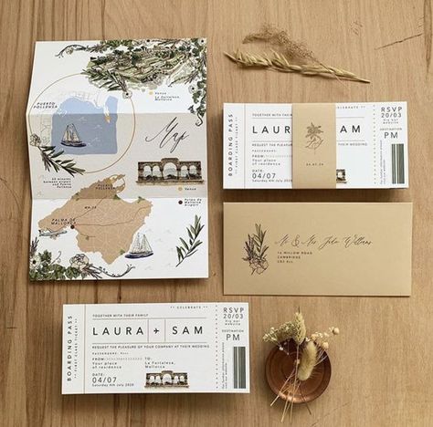 Map Invitation Design, Wedding Invite Abroad, Film Camera At Wedding, Wedding Invitation Travel Theme, Save The Date Boarding Pass Design, Mallorca Wedding Ideas, Mallorca Wedding Invitation, Wedding Map Invitation, Destination Wedding Invitation Ideas