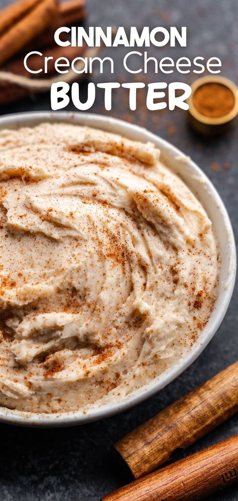 A close up of a bowl of whipped cinnamon cream cheese butter. Basic Quiche Recipe, Cream Cheese Butter, Flavored Butter Recipes, Butter Recipes Homemade, The Stay At Home Chef, Homemade Pancake Recipe, Cream Cheese Spread, Stay At Home Chef, Cinnamon Cream Cheese