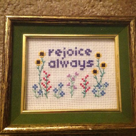 Rejoice always, cross stitch, Bible verse, I Thessalonians 5:16, flowers Bible Verse Cross Stitch Patterns, Bible Cross Stitch, Bible Verse Cross Stitch, Christian Cross Stitch Patterns, Bible Cross, Christian Cross Stitch, Rejoice Always, Stitch Stuff, Cross Stitch Fonts