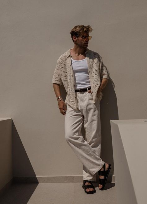 Men Greece Fashion, European Guy Outfits, Men’s Beach Fashion 2024, Latin Fashion Men, Men Summer Style 2024, Summer 70s Outfits Men, Soft Natural Kibbe Men, Winery Outfit Men, Amalfi Coast Outfits Men