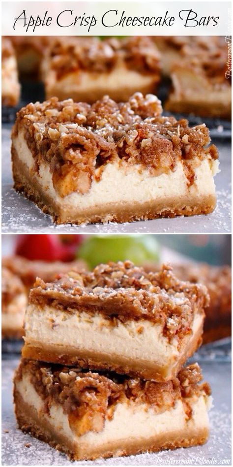 Apple Crisp Cheesecake Bars - brown sugar shortbread, vanilla bean cheesecake, and cinnamon apples all tucked under a blanket of crisp topping! | ButtercreamBlondie.com Apple Crisp Cheesecake Bars, Brown Sugar Shortbread, Apple Crisp Cheesecake, Crisp Topping, Vanilla Bean Cheesecake, Brownie Desserts, Oreo Dessert, Cake Bars, Thanksgiving Desserts