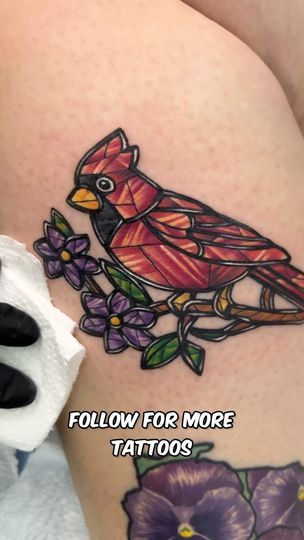 Stained Glass Tattoo Ideas, Stain Glass Tattoo, Kawaii Tattoos, Embroidery Tattoos, Stained Glass Tattoo, Stained Glass Cardinal, Cardinal Tattoos, Glass Tattoo, Kawaii Tattoo