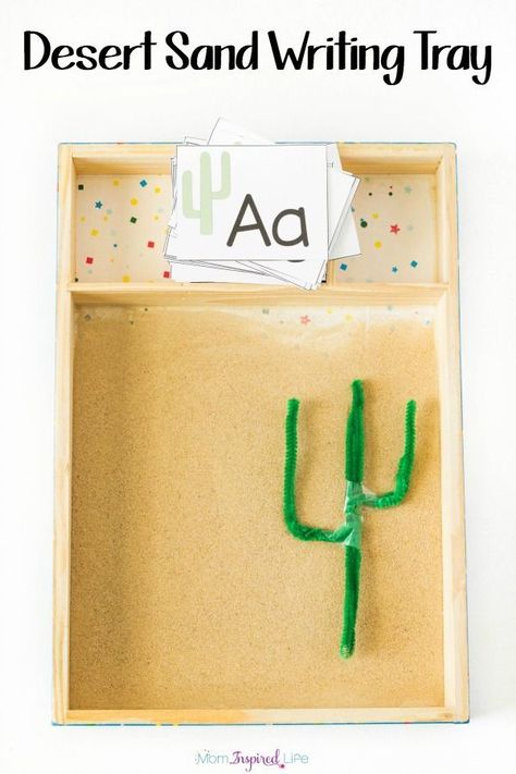 This desert sand writing tray is a fun way to practice writing letters, shapes, lines and more. A desert themed sensory alphabet activity! Desert Preschool, Sensory Alphabet, Desert Crafts, Desert Habitat, Desert Biome, Sand Writing, Identifying Letters, Desert Theme, Alphabet Activity