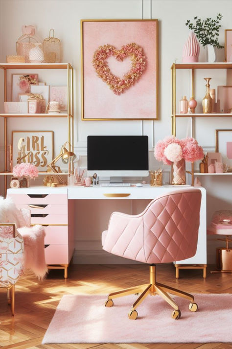 Pink homeoffice decor for girl boss office Women Office Space At Home, Pink And Gold Craft Room, Pink And Gold Home Office, Pink Home Office Decor, Pink Boho Office, Pink Library Aesthetic, Girl Office Ideas, Pink And Gold Office Decor, Pink Office Aesthetic