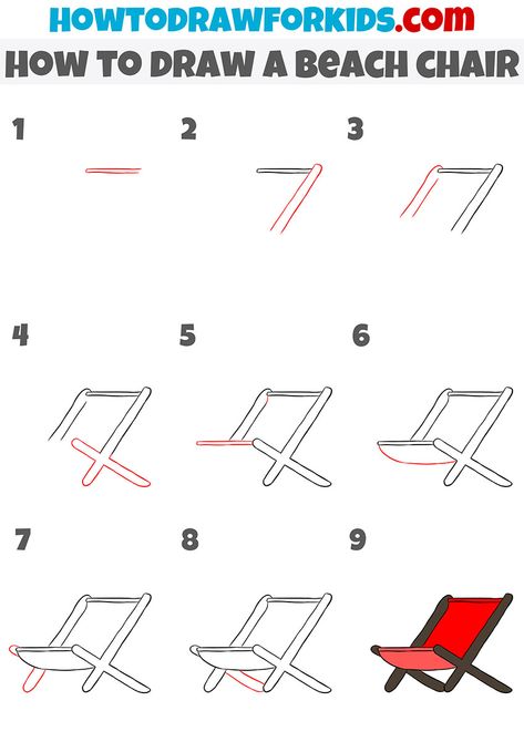 How To Draw A Beach Umbrella, How To Draw A Beach Chair Step By Step, Beach Chairs Drawing, How To Draw A Beach Chair, How To Draw A Beach Scene Step By Step, How To Draw A Beach Scene, How To Draw Beach, Beach Day Drawing, Beach Chair Illustration