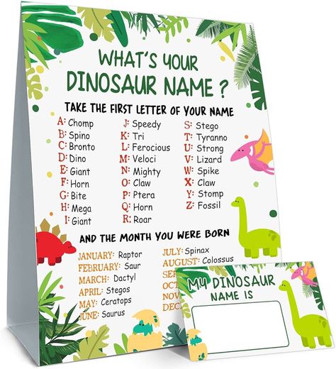 Amazon.com: What is Your Dinosaur Name Game, Game Sign and 30 Cards, Dinosaur Birthday Party Sign for Boys and Girls, Holiday Activity, Kids Dinosaur Activity Cards, Dinosaur Activity Decoration Supplies : Home & Kitchen Dinosaur Activity, Dinosaur Name, Dinosaur Birthday Party Decorations, Name Game, Dinosaur Themed Birthday Party, Dino Birthday Party, Dinosaur First Birthday, Dinosaur Activities, Birthday Activities